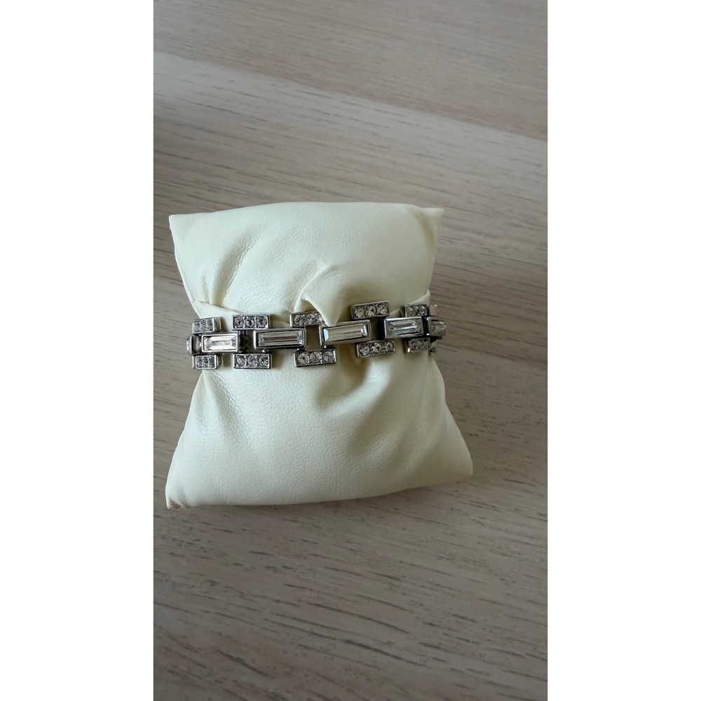 Silver Tone Geometric Crystal Link Bracelet Baguette Round Rhinestone Art Deco - Picture 3 of 3